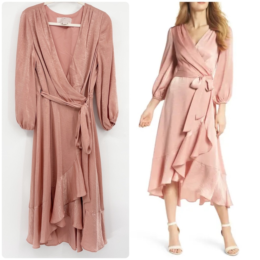 Gal Meets Glam Womens Jennifer Pink Shimmer Faux Wrap High Low Midi Dress 10